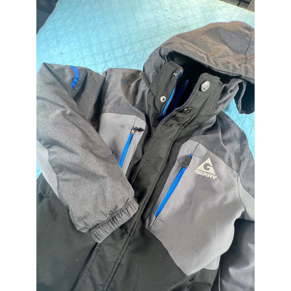 Gerry Boys Hooded Ski Jacket Black Grey Blue Size S 7/8 Winter Coat Puffer